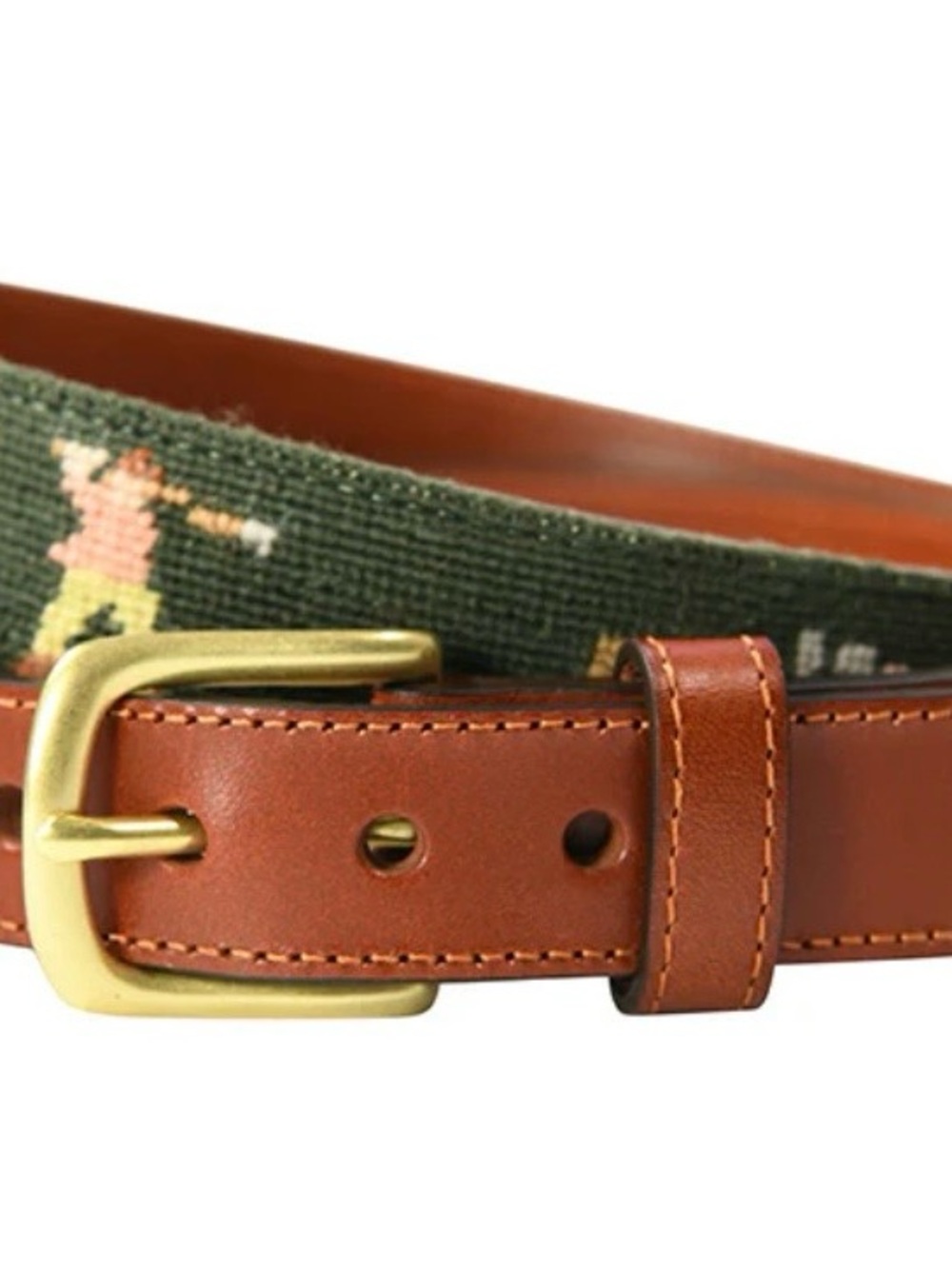 NWT Men's Brown Leather Belt with Green Needlepoint Accent and Brass Buckle